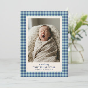 Faire-part Vichy Bleu Nouveau-né Photo Bébé Garçon Naissance