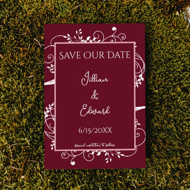 Faire-part Vin Fleurit Économisez La Date Annonce (Wine Red Flourish Save the Date Wedding Announcement)