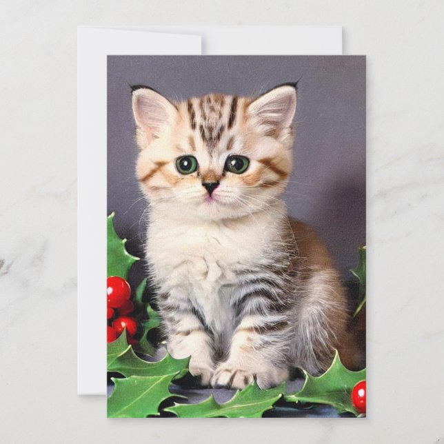 Faire-part Vintage Christmas Kitten et Holly (Devant)