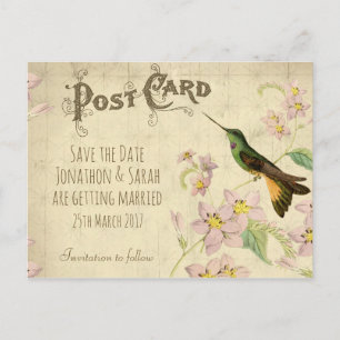 Faire-part Vintage enregistrer la date carte postale colibri
