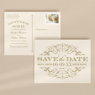 Faire-Part Vintage Ivoire Or Flourish Save the Dat