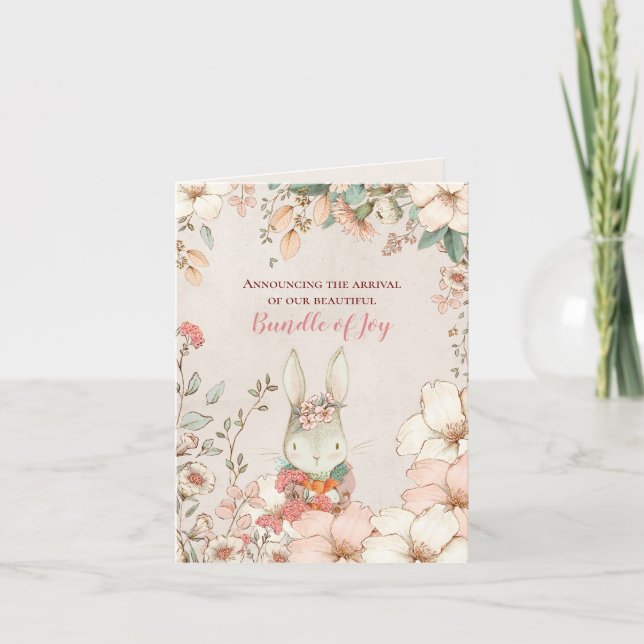 Faire-part Vintage lapin photo Florals Fille Crème Naissance (Devant)