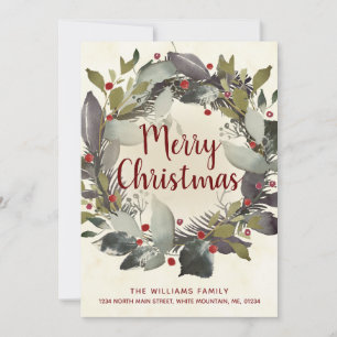 Faire-part Vintage Noël Green Holly Berry Wreath Moving