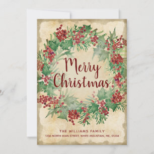Faire-part Vintage Noël Green Holly Berry Wreath Moving