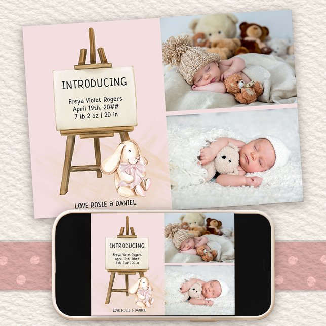 Faire-part Voici Easel & Bunny 2 Photo Baby Girl Birth (Photo Birth Announcement with cute bunny design. Buy printed or as printable digital download)