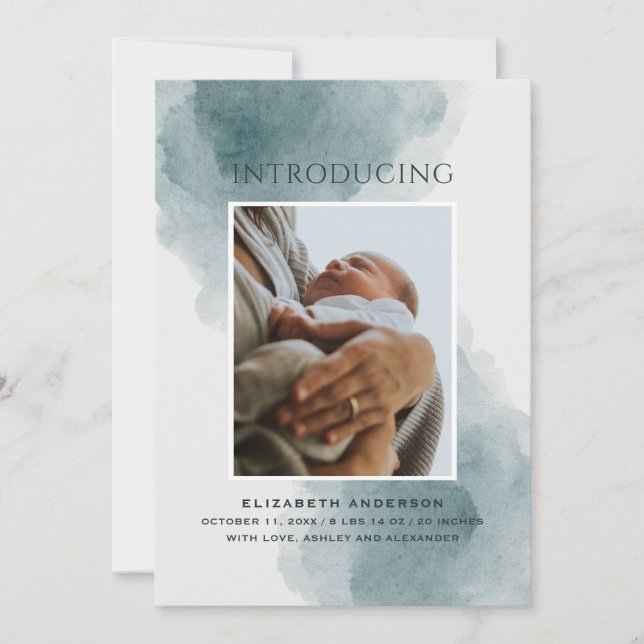 Faire-part Voici. Elégante aquarelle bleu bébé naissance (Devant)