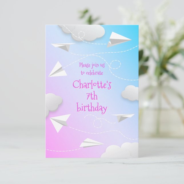 Faire-part vol papier avions filles rose bleu (Debout devant)