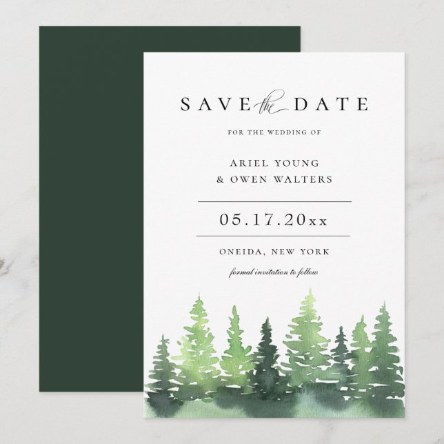 Faire-part Watercolor Forest Woodland Wedding Enregistrer La  (Devant / Derrière)