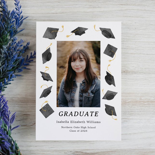 Faire-part Watercolor Graduation Caps Grad Announcement Card (Créateur téléchargé)
