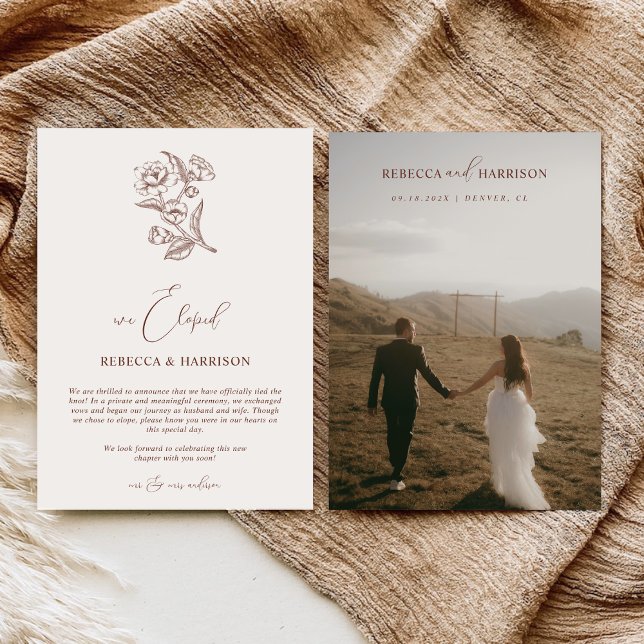 Faire-part We Eloped Brown Floral Boho | Photo Wedding  (Créateur téléchargé)
