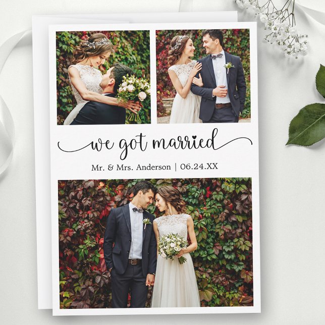 Faire-part We Got Married Heart Calligraphy 3 Photos Wedding (Customize to change your personalized text size, text style or to add text to back of card.)
