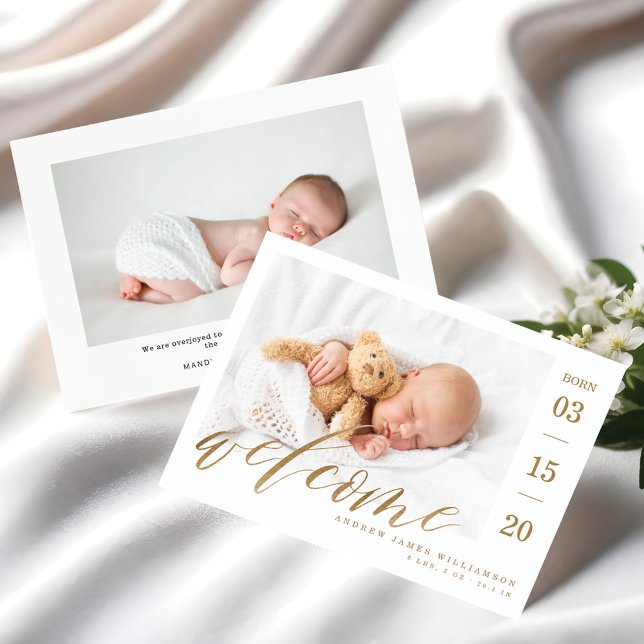 Faire-part Welcome Gold Script Baby Birth Stats & Photo (Welcome Gold Script Baby Birth Stats & Photo Announcement)