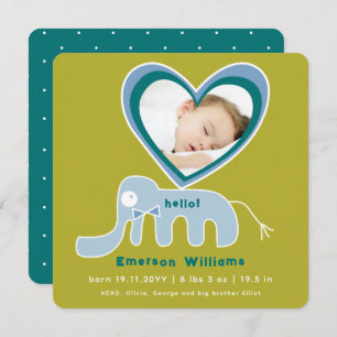 Faire-part Whimsical Love Blue Elephant Photo Baby Boy Birth