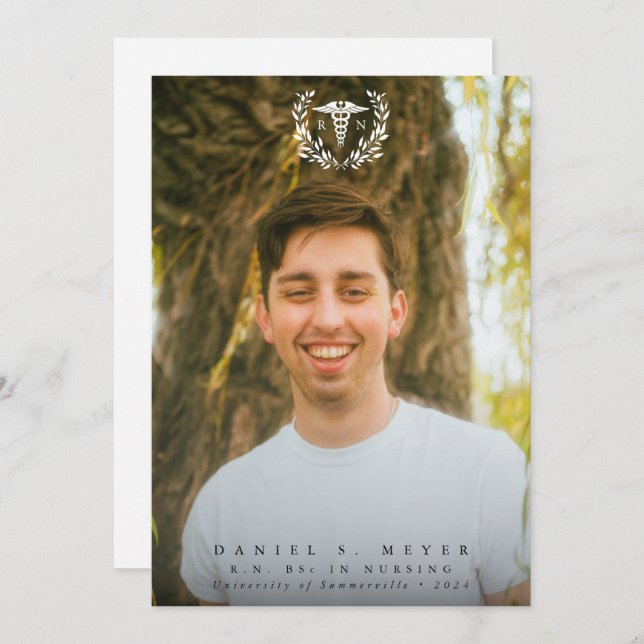 Faire-part White Caduceus RN Infirmière inscrite Graduation (Devant / Derrière)