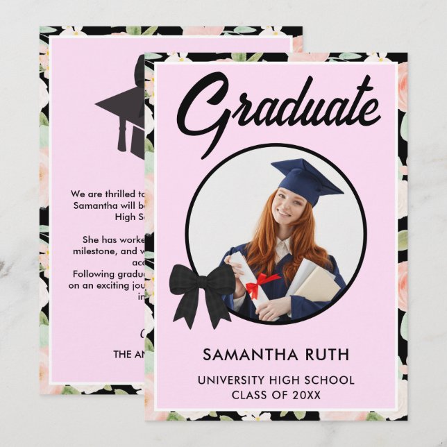 Faire-part Wildflower Black Gingham Bow Photo Graduation (Devant / Derrière)