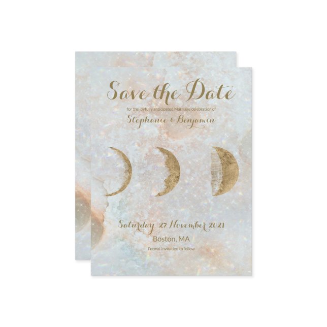 Faire-part Zodiac Moon Ice Blue Celestial Gold Enregistrer la (Devant/Arrière en situation)