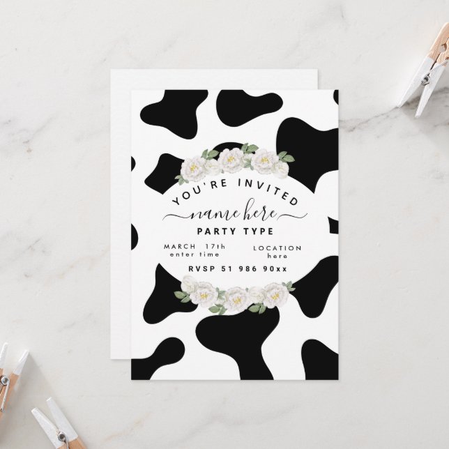 Faire personnaliser des invitations à motif vache  (Devant/Arrière en situation)