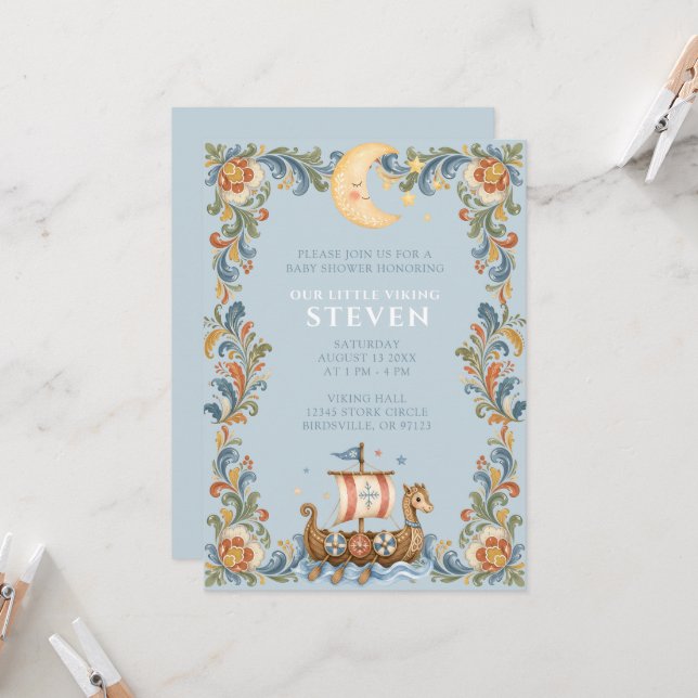 Faire petite invitation de baby shower Viking (Devant/Arrière en situation)