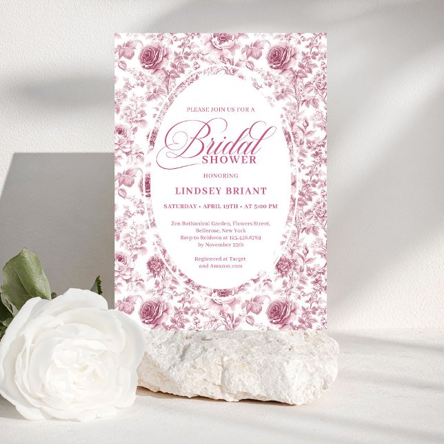 Faire poussiéreuse Rose Toile Invitation de Fête d (Elegant Blush Dusty Rose Toile Bridal Shower Invite)