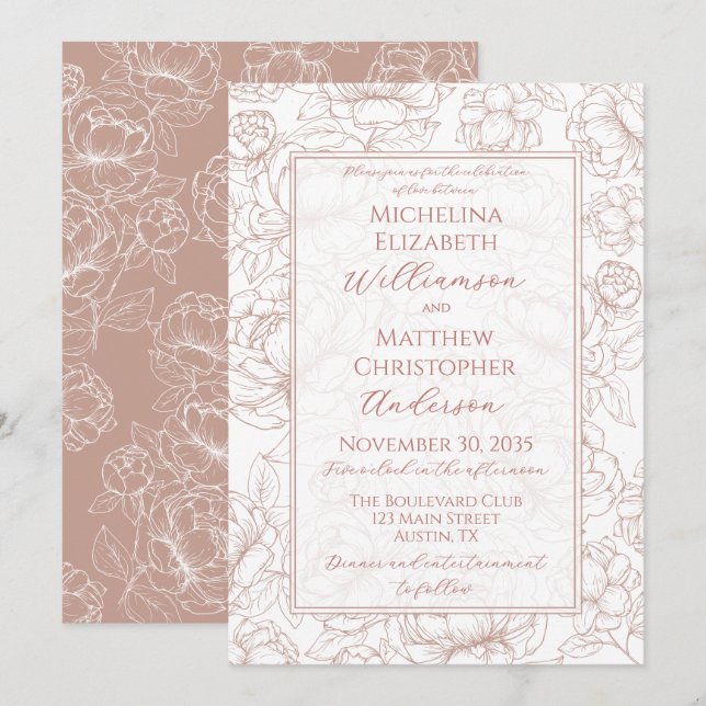 Faire Rose Élégant Invitation de Mariage Floral De (Devant / Derrière)
