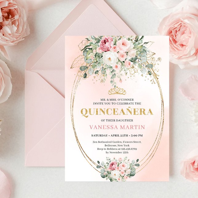 Faire Roses Blush Boho Quinceañera Invitation Or (Elegant Blush Roses Boho Quinceañera Gold Invitation)