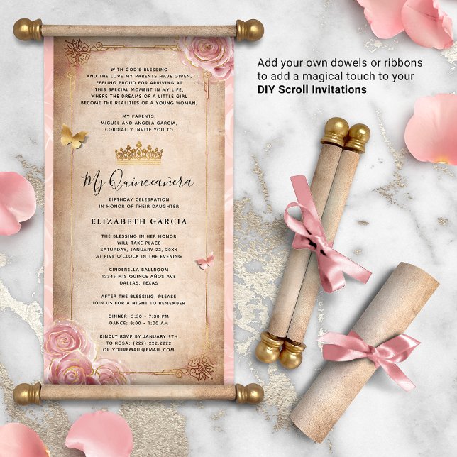 Faire soi-même des invitations de quinceañera avec (DIY scrolls do not come with dowels. Add your own or roll up with a ribbon for a personalized touch!)