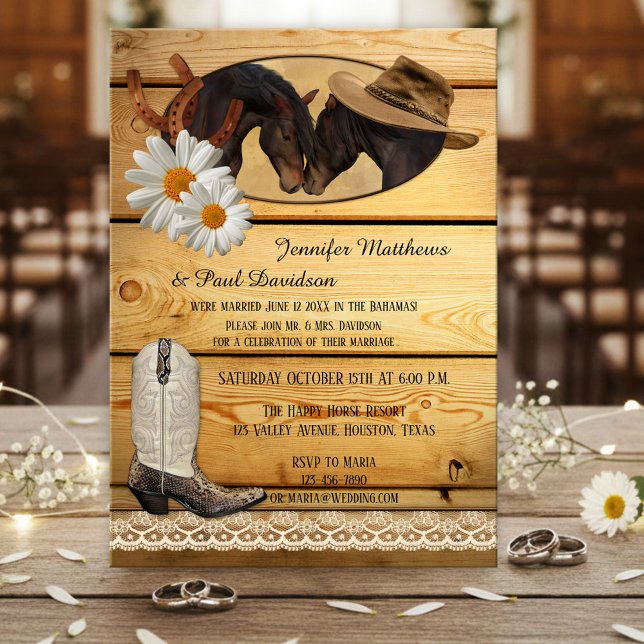 Faire une fugue ou invitation pour une fête après  (Post wedding party invitation featuring two horses on rustic wood with horseshoes and cowboy boot)