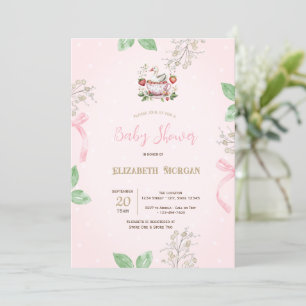 Fairepart bébé points cadre ruban fraise oie