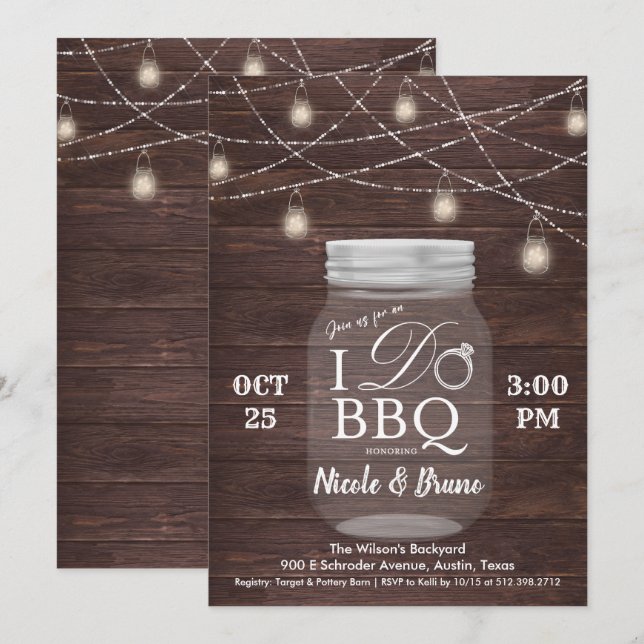 Fairepart de barbeque rustique 'I DO' en pot Mason (Devant / Derrière)