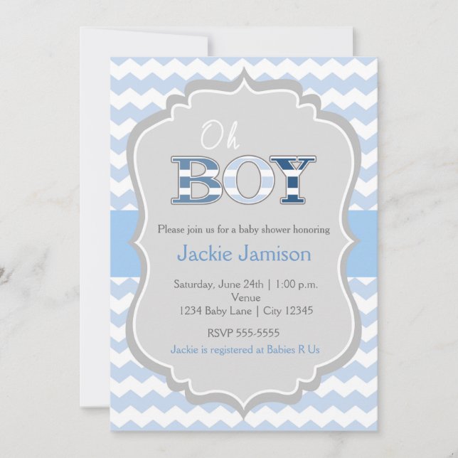 Fairepart de Bébé Garçon Bleu Gris Chevron (Devant)