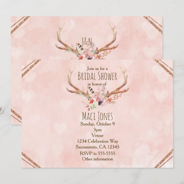 Fairepart de Cerf à Bois Floral Rose Blush Pink (Devant / Derrière)
