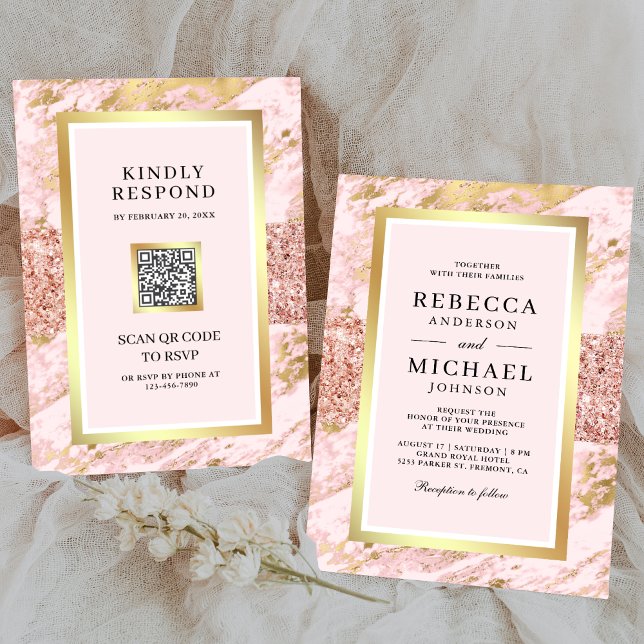 Fairepart de mariage à code QR en marbre rose gold (Créateur téléchargé)