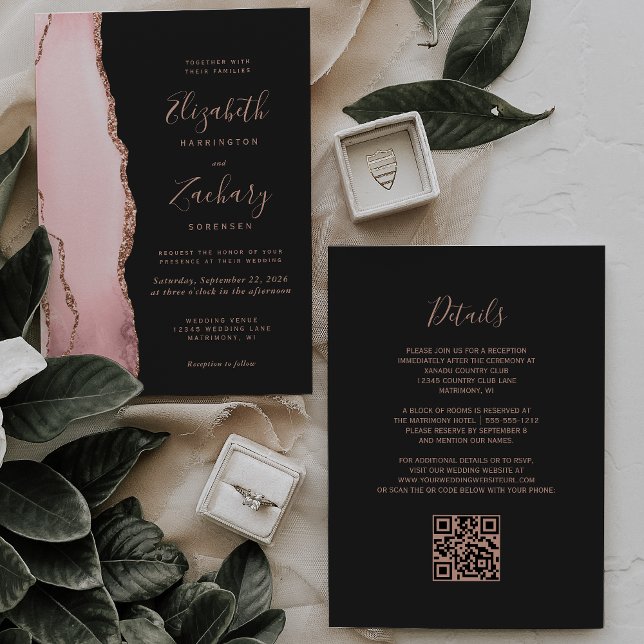 Fairepart de mariage à code QR Rose Gold Agate fon (Créateur téléchargé)