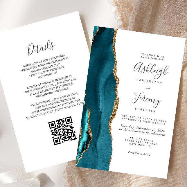 Fairepart de mariage à code QR sarcelle doré à pet (Créateur téléchargé)