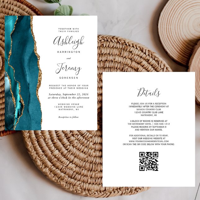 Fairepart de mariage à code QR sarcelle doré à pet (Créateur téléchargé)