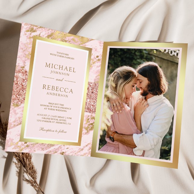 Fairepart de mariage avec code QR photo Marbre Ros (Créateur téléchargé)
