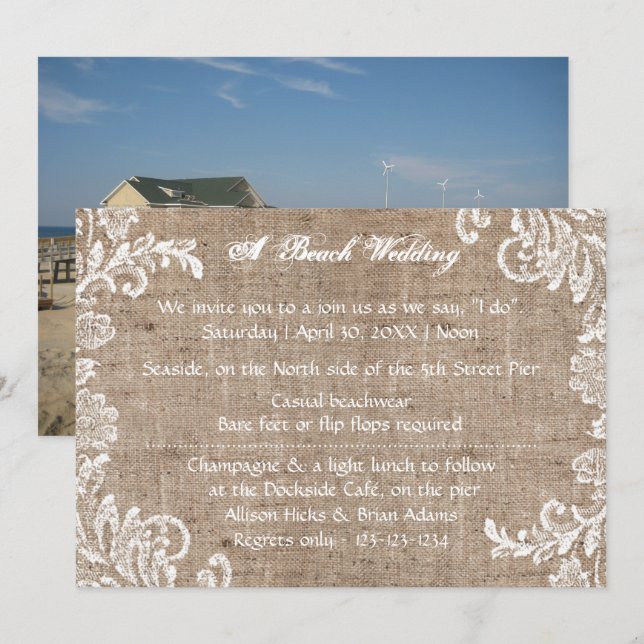 Fairepart de mariage Beach Burlap & Lace (Devant / Derrière)