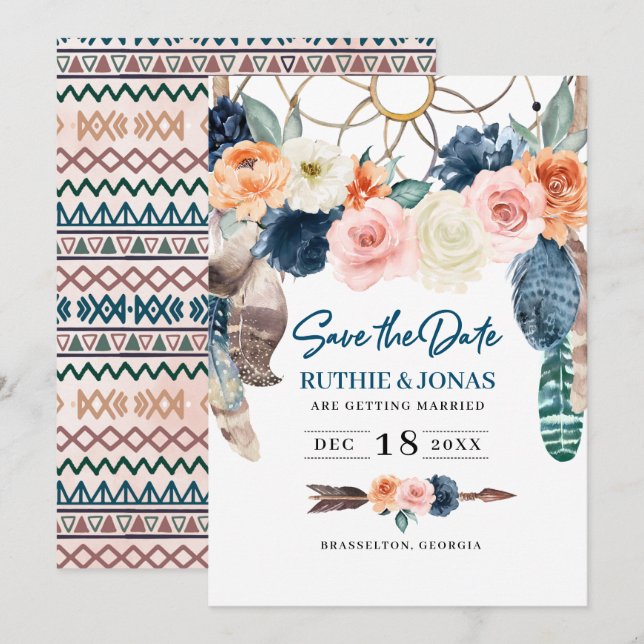 Fairepart de mariage Boho Dreamcatcher Save The Da (Devant / Derrière)