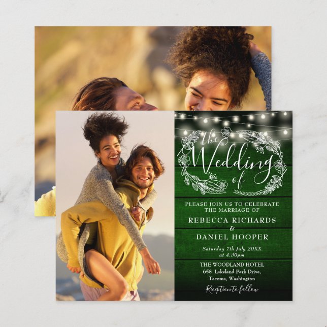 Fairepart de Mariage Budget Vert Rustique Lumières (Devant / Derrière)