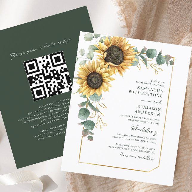 Fairepart de mariage code QR tout-en-un Tournesol (Sunflower All-in-One QR Code Wedding Invitation)