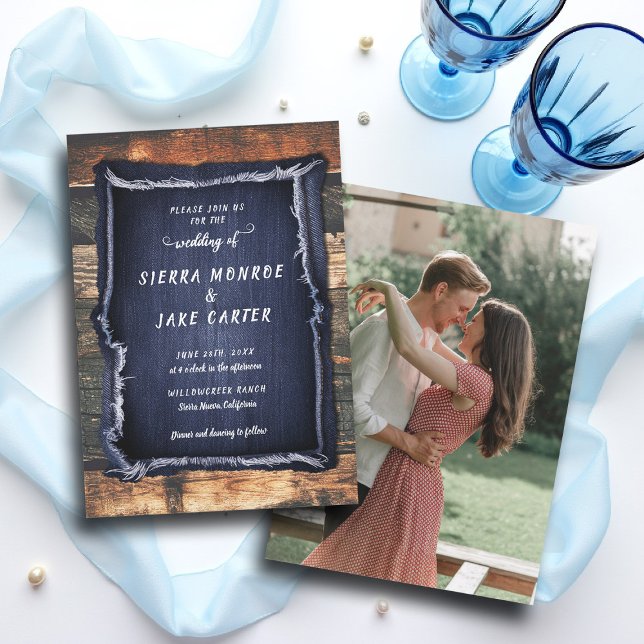 Fairepart de Mariage Country Cowboy en Denim Rusti (cowboy wedding invitation country chic denim rustic barn backyard outdoors elegant classy photo)