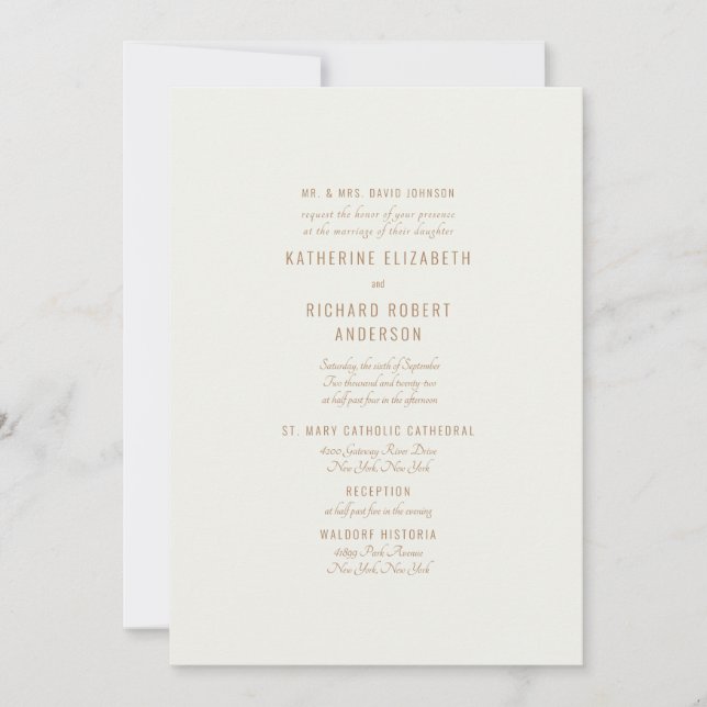 Fairepart de mariage crème or texte deux lieux par (Devant)