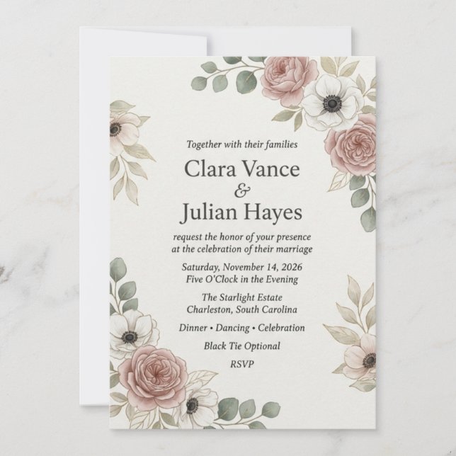 Fairepart de mariage élégant Rose Rouge et Anémone (Devant)