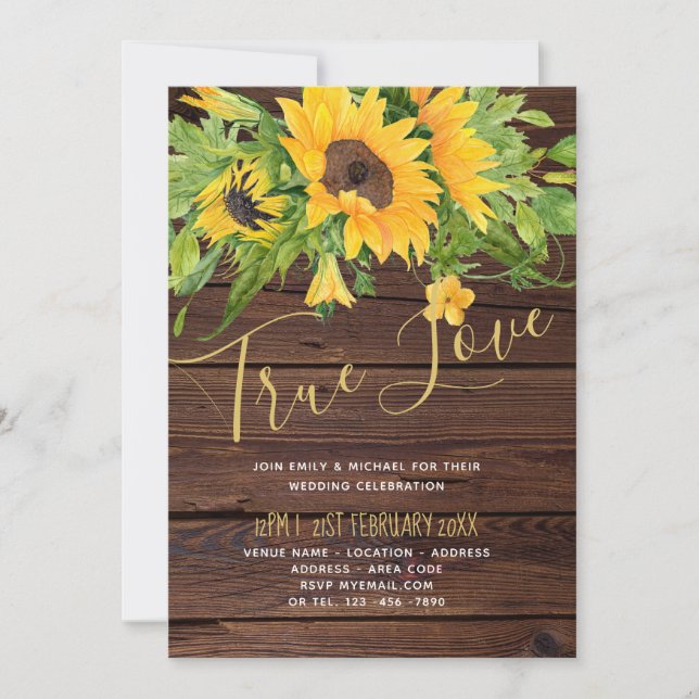 Fairepart de mariage en bois de tournesols rustiqu (Devant)