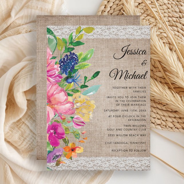 Fairepart de mariage Floral Rustique Toile de Jute (Rustic pink and yellow watercolor floral on burlap and lace wedding invitation)