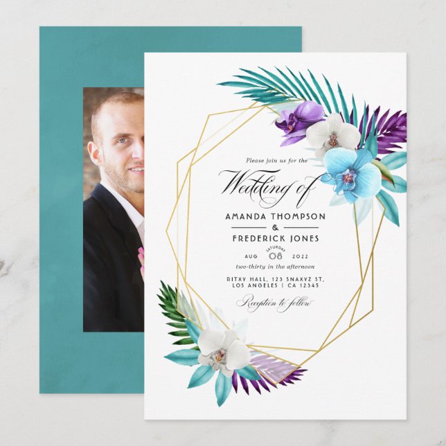 Fairepart de mariage géométrique d'orchidées tropi (Devant / Derrière)