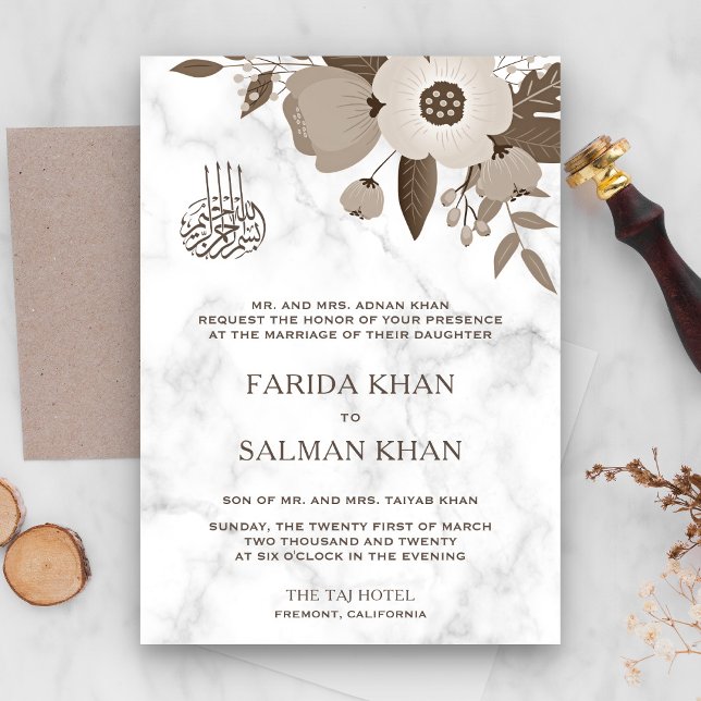 Fairepart de mariage islamique Marbre Blanc Floral (Créateur téléchargé)