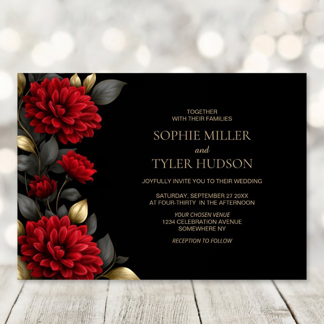 Fairepart de mariage noir floral rouge élégant  (Créateur téléchargé)