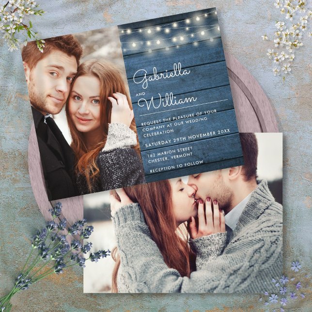 Fairepart de Mariage Photo avec Guirlande Rustique (Budget Rustic String Lights Photo Wedding Invite)