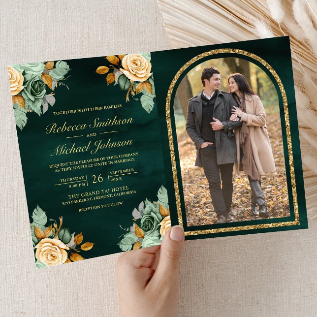 Fairepart de mariage photo Code QR Or Fleur Crème  (Créateur téléchargé)